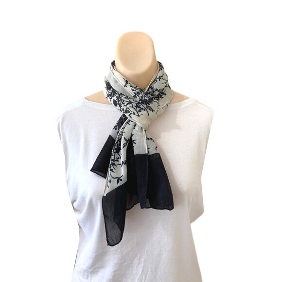 Chiffon Scarf Long Floral Black White Rectangle Border Hand Rolled Edge Vintage - Picture 2 of 3